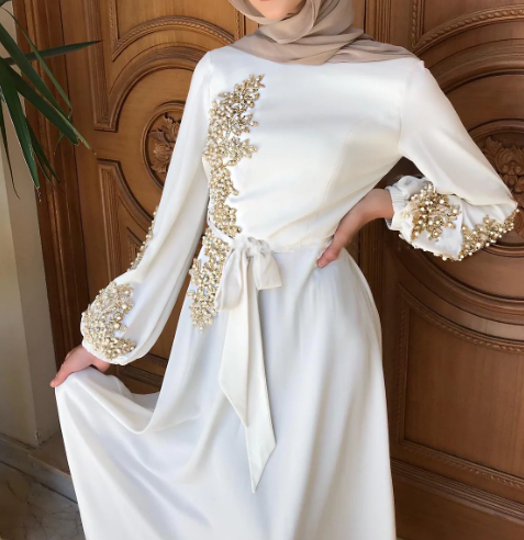 Belted Embroidery Sleeve Dress - White